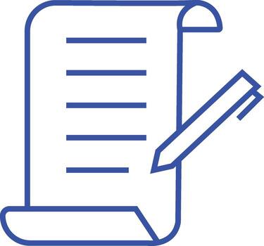 Stylized blue line art icon of a scroll document with lines of text and a pen writing on it vector