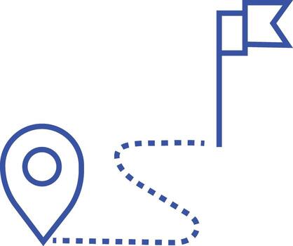 Simple blue line icon representing a journey from a location pin to a destination flag on a white background vector