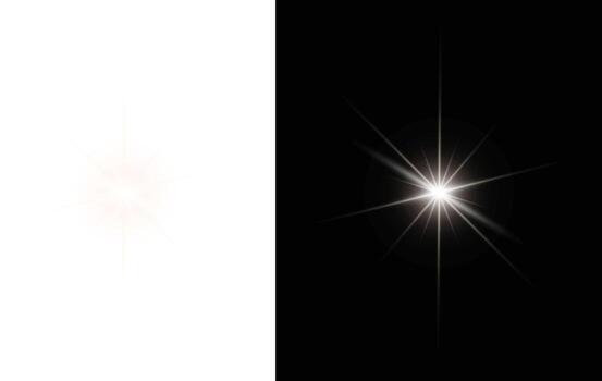 Bright starburst light flare effect against a stark black and white background with copy space vector