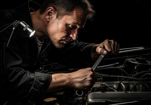 Focused auto mechanic repairing car engine using a wrench under dramatic low key light photo
