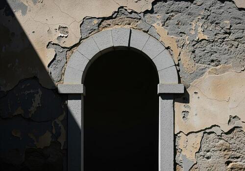 Stone archway framed by a crumbling, textured wall with peeling plaster and dramatic shadow. photo