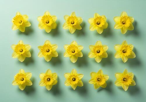 Bright yellow daffodil flowers arranged in a perfect pattern on a soft mint green background photo