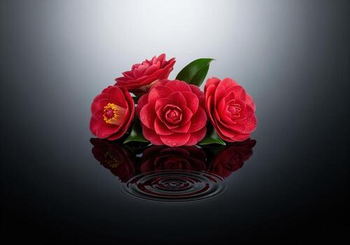Cluster of ruby red camellia flowers reflecting on dark water with subtle ripples. photo