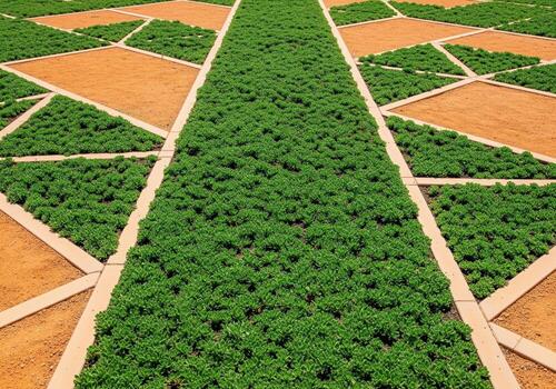 Elevated view of geometric garden beds with bright green ground cover and structured soil patterns photo