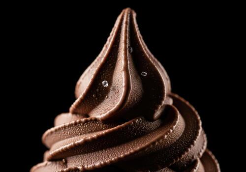 Intense macro shot of a swirling peak of dark chocolate soft serve dessert on black photo