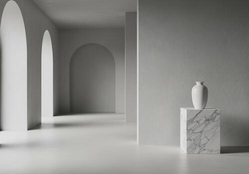 arquitectónico minimalista pasillo con arcos y un blanco florero en un mármol cubo estar foto