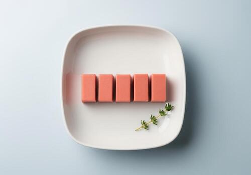 Five uniform pink guava paste bars arranged on a white plate with a sprig of thyme. photo