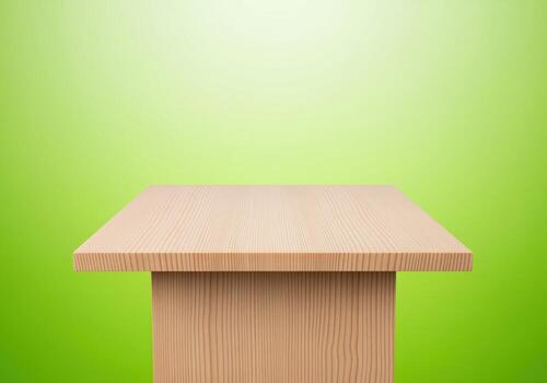 Empty light wooden table surface on a bright lime green gradient background for product display photo