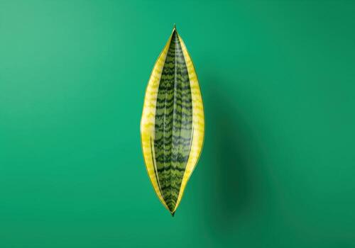 Single vertical snake plant sansevieria leaf centered on a vibrant green studio background. photo