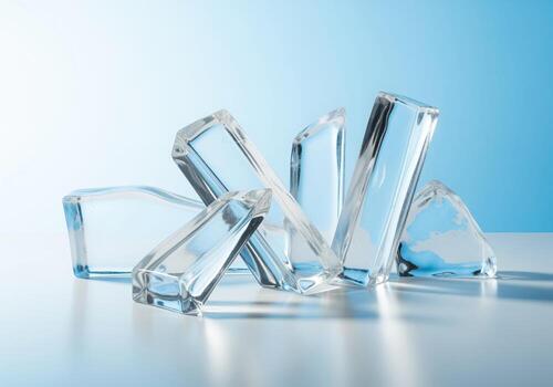 Clear geometric ice shards dynamically arranged on a reflective surface with a blue background. photo