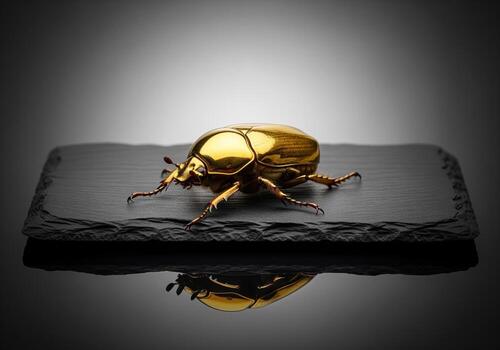 Detailed studio shot of a shiny golden beetle resting statically on a reflective black slate. photo