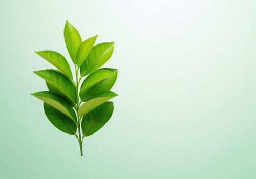 Crisp studio shot of a vibrant green leaf sprig isolated on a pale mint background photo
