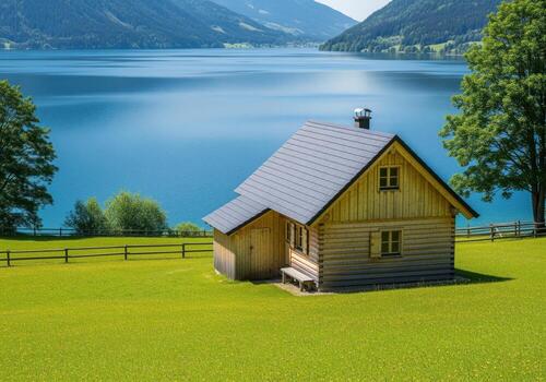 idílico rústico Iniciar sesión cabina situado en un herboso colina siguiente a un claro alpino lago foto