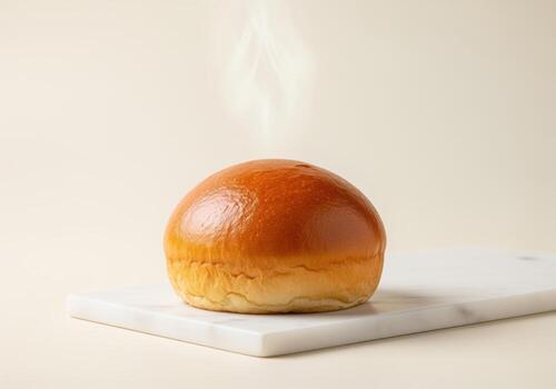 Freshly baked, glossy golden brioche bun steaming on a white marble slab. photo