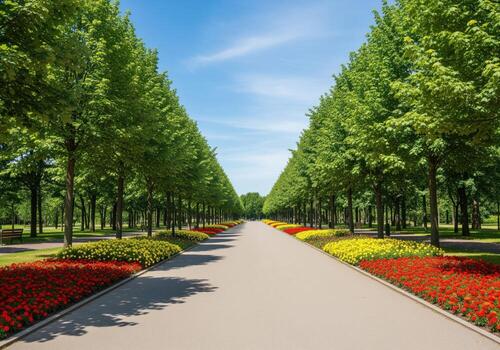 Pristine pathway lined with green trees and vibrant red and yellow flowers in a sunny park. photo