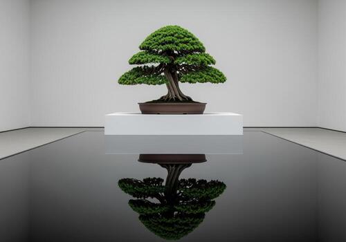 Perfectly shaped japanese bonsai tree on a pedestal with mirror reflection in a minimalist gallery photo