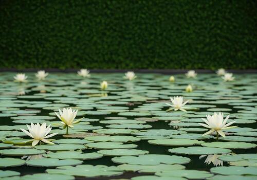 Serene white lotus flower blooming on a tranquil pond covered with green lily pads. photo