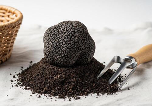 Freshly excavated luxury black truffle resting on dark soil with a small garden fork. photo
