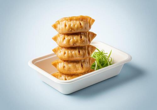 Golden brown stack of crispy pan fried gyoza dumplings in a white biodegradable takeout container photo