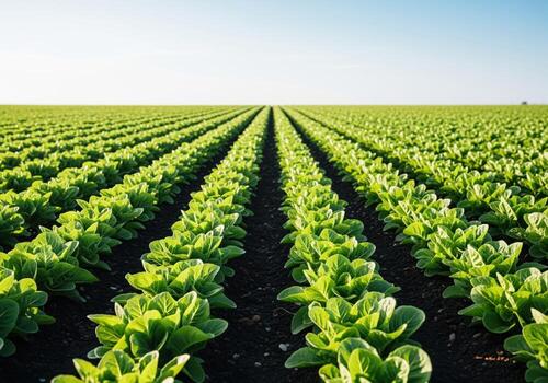 Vast agricultural field with perfectly aligned rows of fresh green lettuce plants under a clear sky. photo