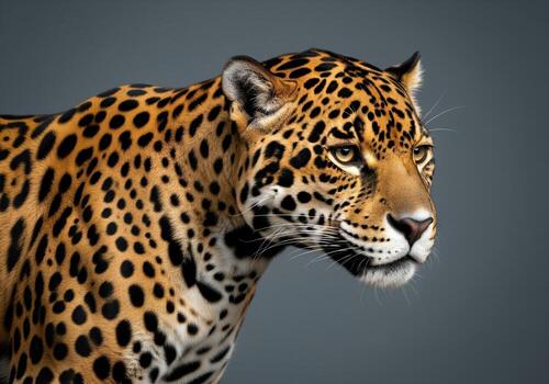Isolated profile portrait of a majestic jaguar showing its distinctive spotted coat against gray photo