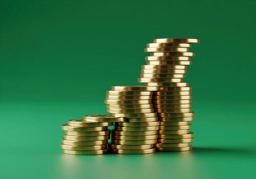 Ascending stacks of polished gold coins symbolizing financial growth and success on green background photo