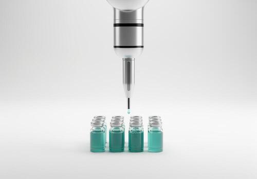 Automated robotic arm dispensing liquid into vaccine vials illustrating precision and science photo