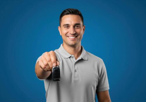 Professional smiling man holding and presenting a car key against a blue background photo
