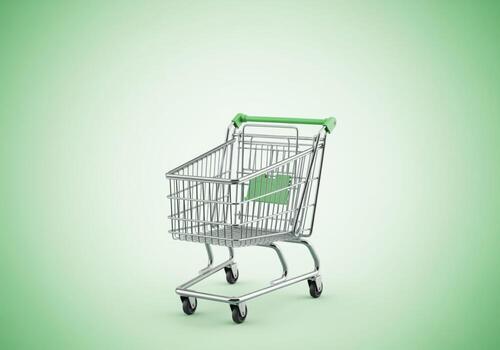 Empty metal shopping cart with green handle isolated on a bright green gradient background photo