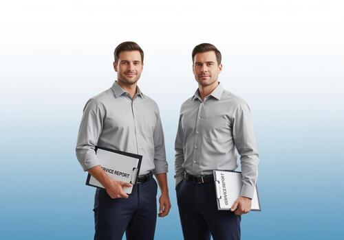 Confident service technicians standing together holding clipboards with service reports photo