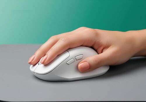 Close up of female hand operating white ergonomic wireless computer mouse on gray desk. photo