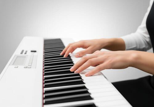 Close up of woman hands playing white digital piano keyboard keys music performance. photo