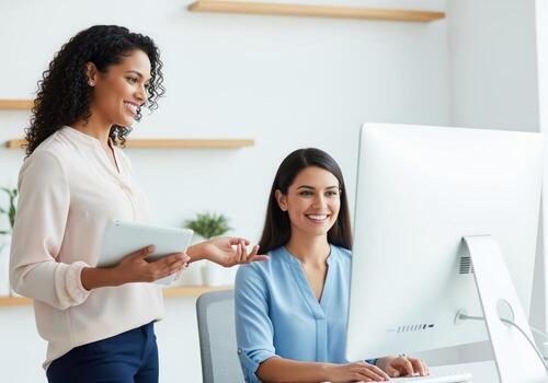 Happy professional women colleagues collaborating on a project using a desktop computer in the office. photo