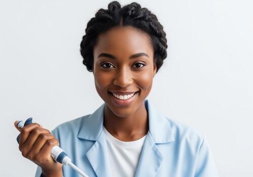 Smiling black female scientist holding a pipette in a lab coat against a white background photo