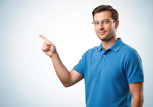 Smiling man in blue polo shirt pointing index finger upward presenting selection or choice photo