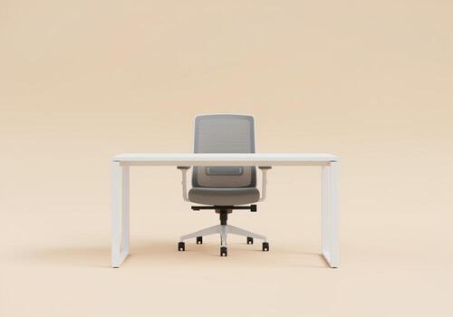 Pristine white office desk and ergonomic gray mesh chair in a clean studio setting photo
