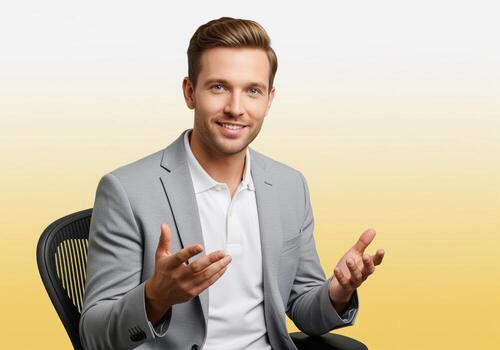 Smiling confident businessman in grey blazer sitting and gesturing while talking directly photo