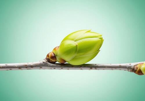 Macro shot of a fresh vibrant green leaf bud sprouting on a bare tree branch photo
