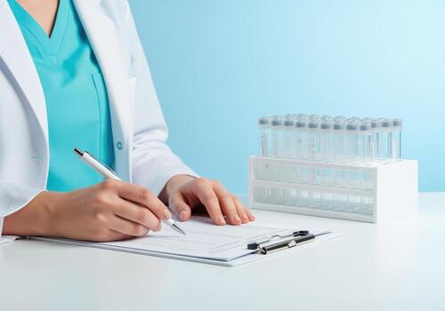 Scientist writing data on a form with test tubes in a rack in a clean laboratory photo
