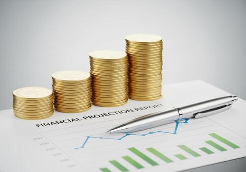 Ascending stacks of golden coins on a financial projection report with a pen. photo