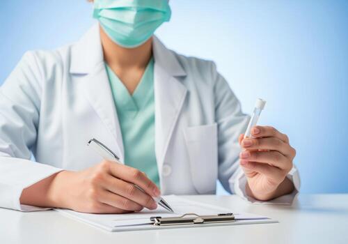 Doctor in lab coat and mask writing on clipboard while holding a clear test tube. photo