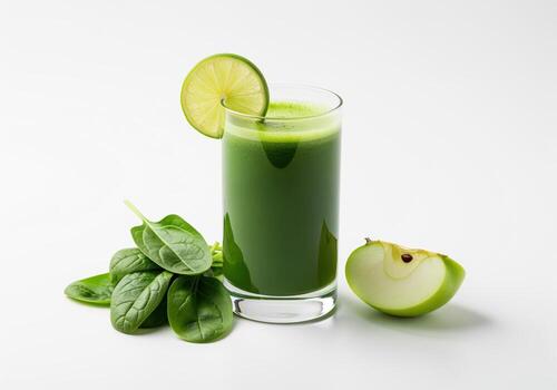 Refreshing green detox juice with spinach, apple, and lime slice, isolated on white. photo