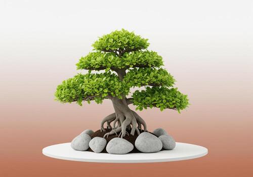 Pristine ornamental bonsai tree with bright green leaves and exposed roots on a white stand. photo