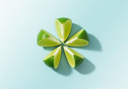 Fresh green lime wedges arranged geometrically like a flower on a bright blue surface photo