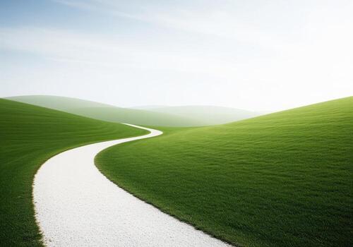 Winding white gravel path leading through pristine emerald green rolling hills. photo