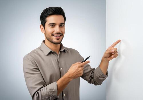 Smiling professional man pointing to copy space while holding a stylus pen photo