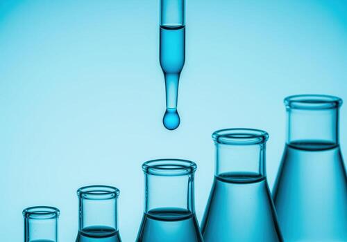 Scientific precision droplet falling into conical flasks in a modern laboratory setting photo