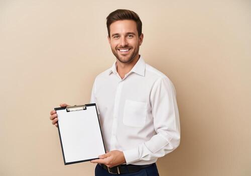 Smiling professional man holding and presenting a blank clipboard with ample copy space photo