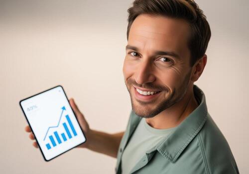 Professional man smiling while presenting a business success chart on a digital tablet photo