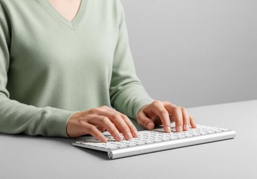 Woman hands typing confidently on a modern computer keyboard for business communication. photo